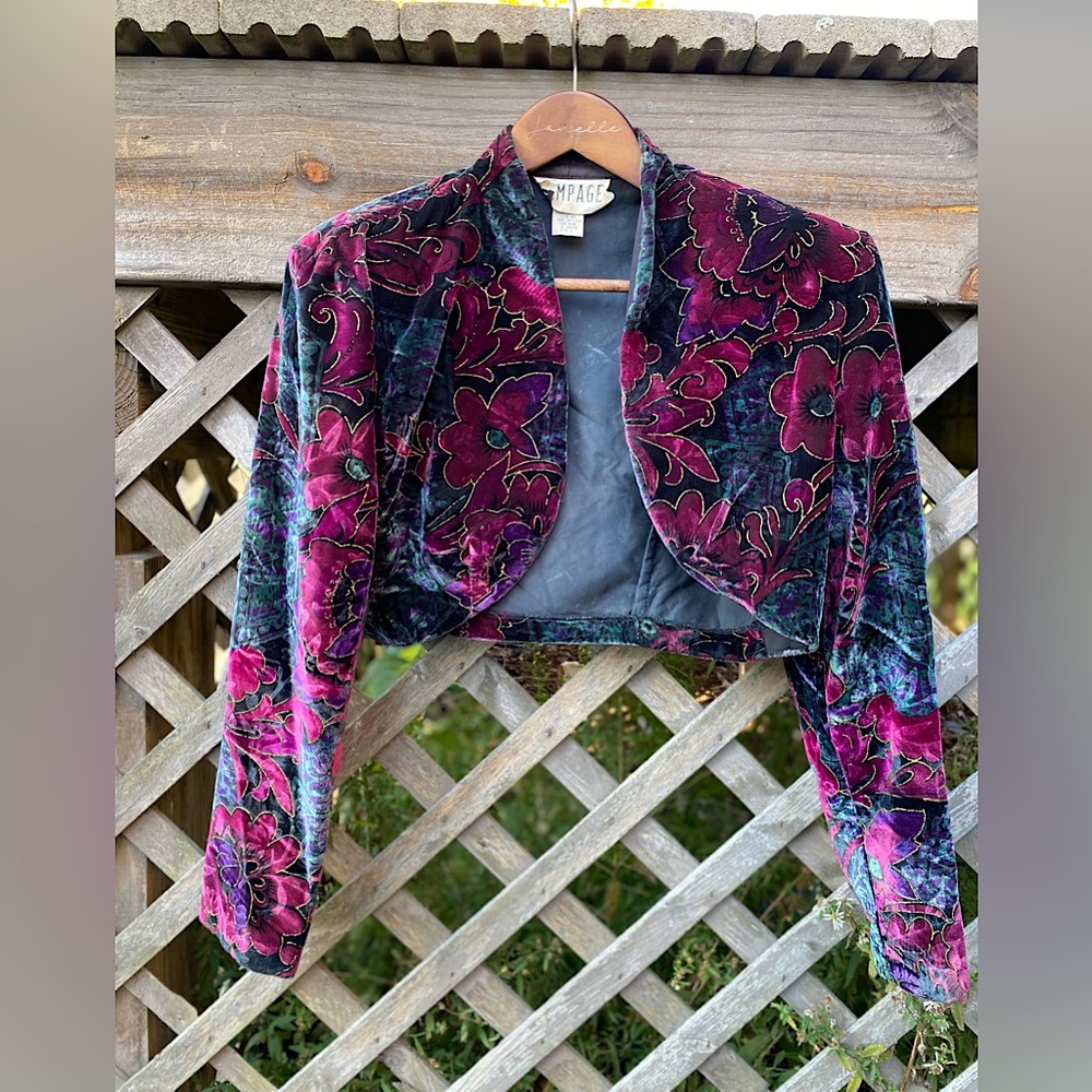 Vintage Rampage Velour Velvet Floral Pink Purple Bolero Long Sleeve Crop Shrug